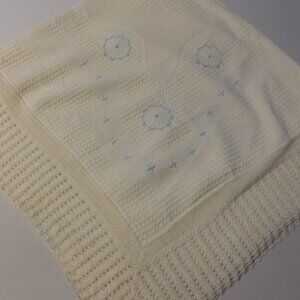 All Orlon Vintage Baby Blanket Ivory and Light Blue 48"x46"